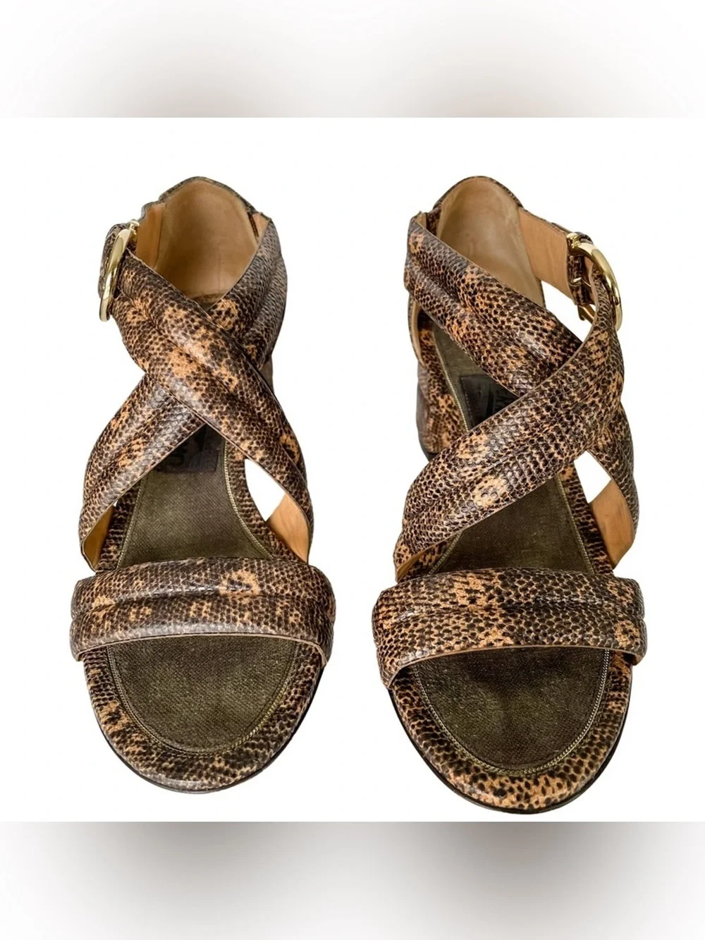 RARE Salvatore Ferragamo Brown Snakeskin Crisscross Strap Heels size 6 to 6.5
